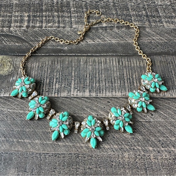J Crew Teal and Crystal Cluster Flower Necklace - Picture 3 of 8